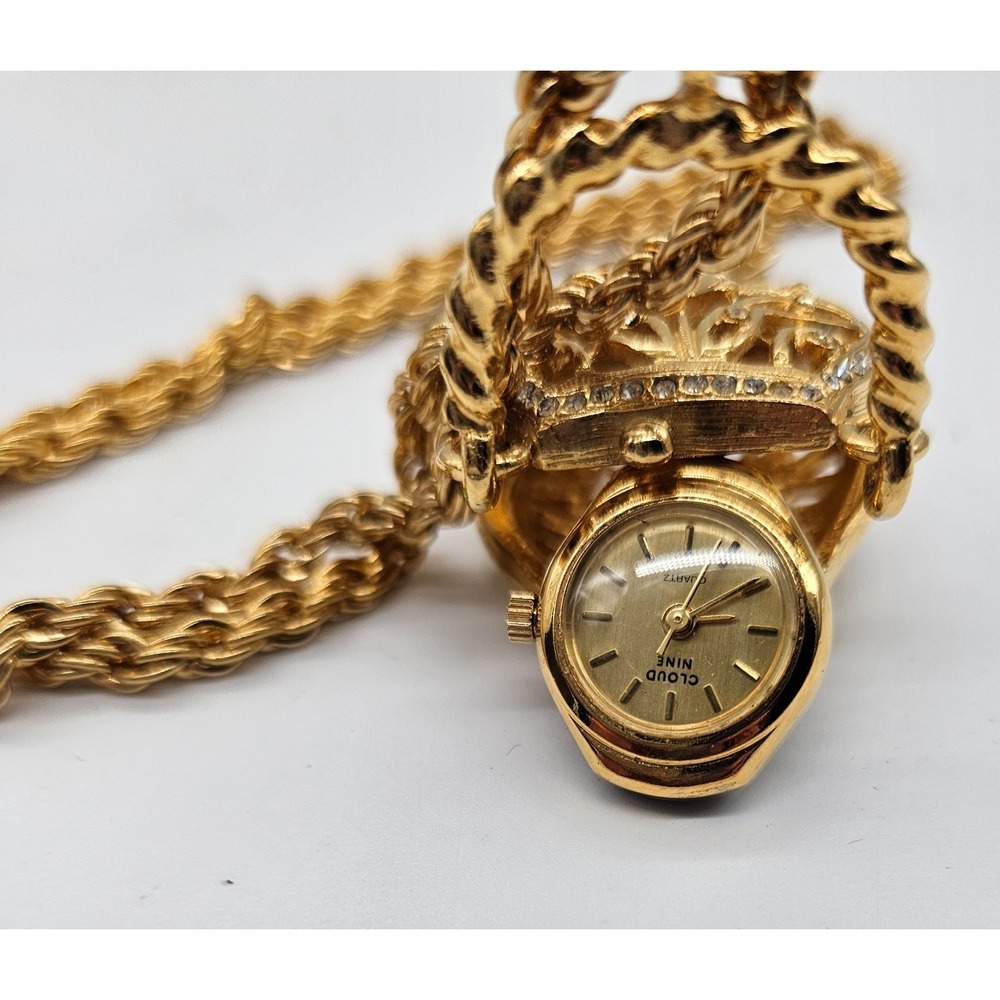Cloud Nine Vintage Gold Handbag Pendant Watch Necklace Rhinestone Filigree Purse